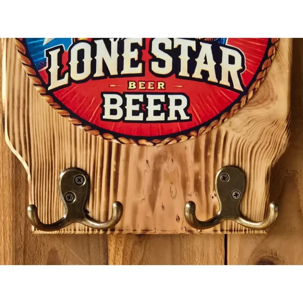 Lone Star Beer Wall Mount Plaque Vintage Look Solid Wood w Bottle Opener & Hooks